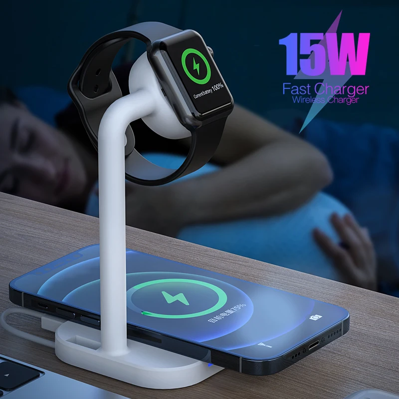 

15W Wireless Charger Station 2 In 1 Fast Charging Stand Mobile Phone Charge Holder For Airpods Pro Apple Watch 6 5 For iPhone 12