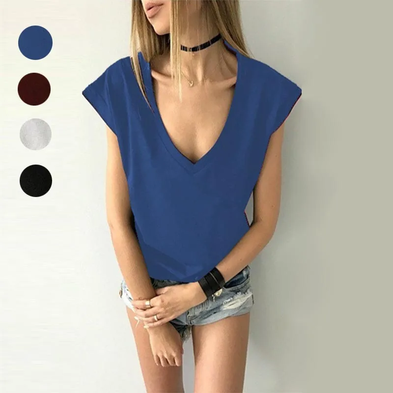 

Pop Summer Women Short Sleeve V-neck T-shirt Simple Solid Shirt Casual Loose T-shirts Tee Tops Pop 88