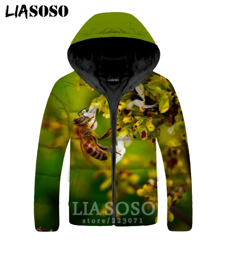 LIASOSO Bee Jackets Winter Men Women Flower 3D Print Animal Plus Velvet Thickening Zipper Warm Street Top Down Filled Coat A321 |