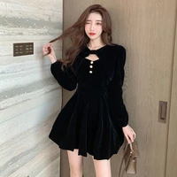 houzhou black vintage mini dress women elegant sexy hollow out long sleeve dresses autumn winter golden velvet party outfit