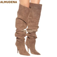 almudena over the knee pleated boots coffee suede loose pointed toe thigh boots stiletto heel dress shoes size46 long boots shoe