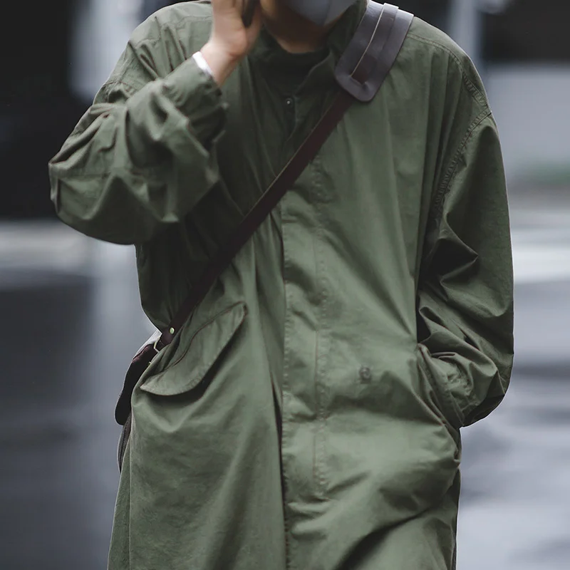 

Men's Vintage M51 Fishtail Army Green And Camel Trench Coat Woven Waist Rope Mid-length Oversized Loose Military Coat