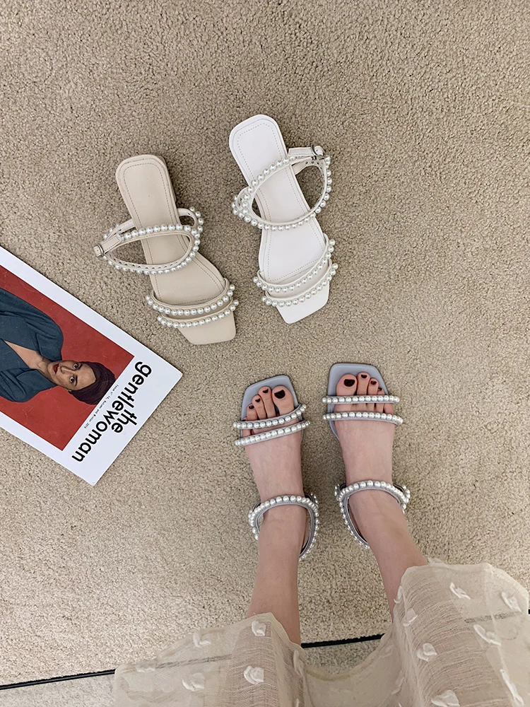 

2021 Sandals Female Shoe Block Heels Buckle Strap Med New Girls Chunky Comfort Summer Beige Clear Fashion Gladiator Medium Pearl