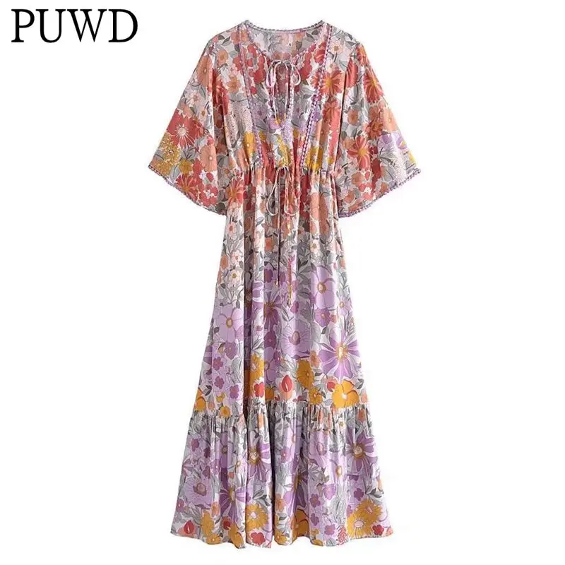 

Повседневное женское платье-миди PUWD, весна 2022, модные женские платья с коротким рукавом, женское Легкое свободное платье с круглым вырезом и...