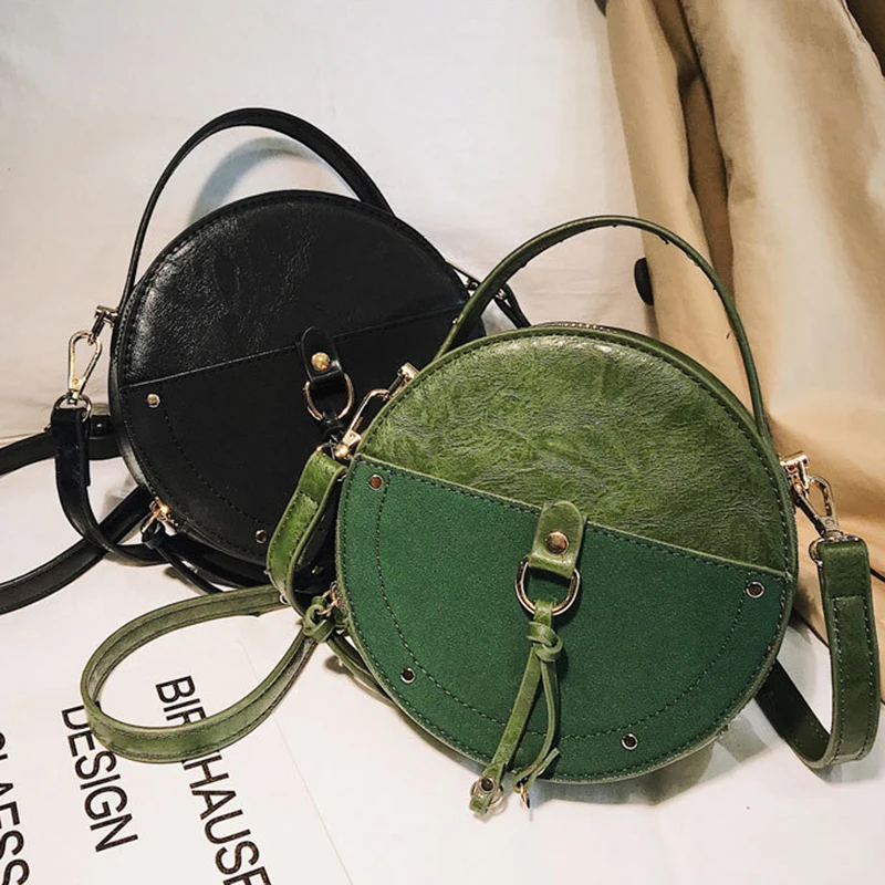 

Vintage Scrub Leather Round Designer Crossbody Bag For Women 2019 PU Leather Shoulder Bags Ladies Small Handbags Mini Tote Bag