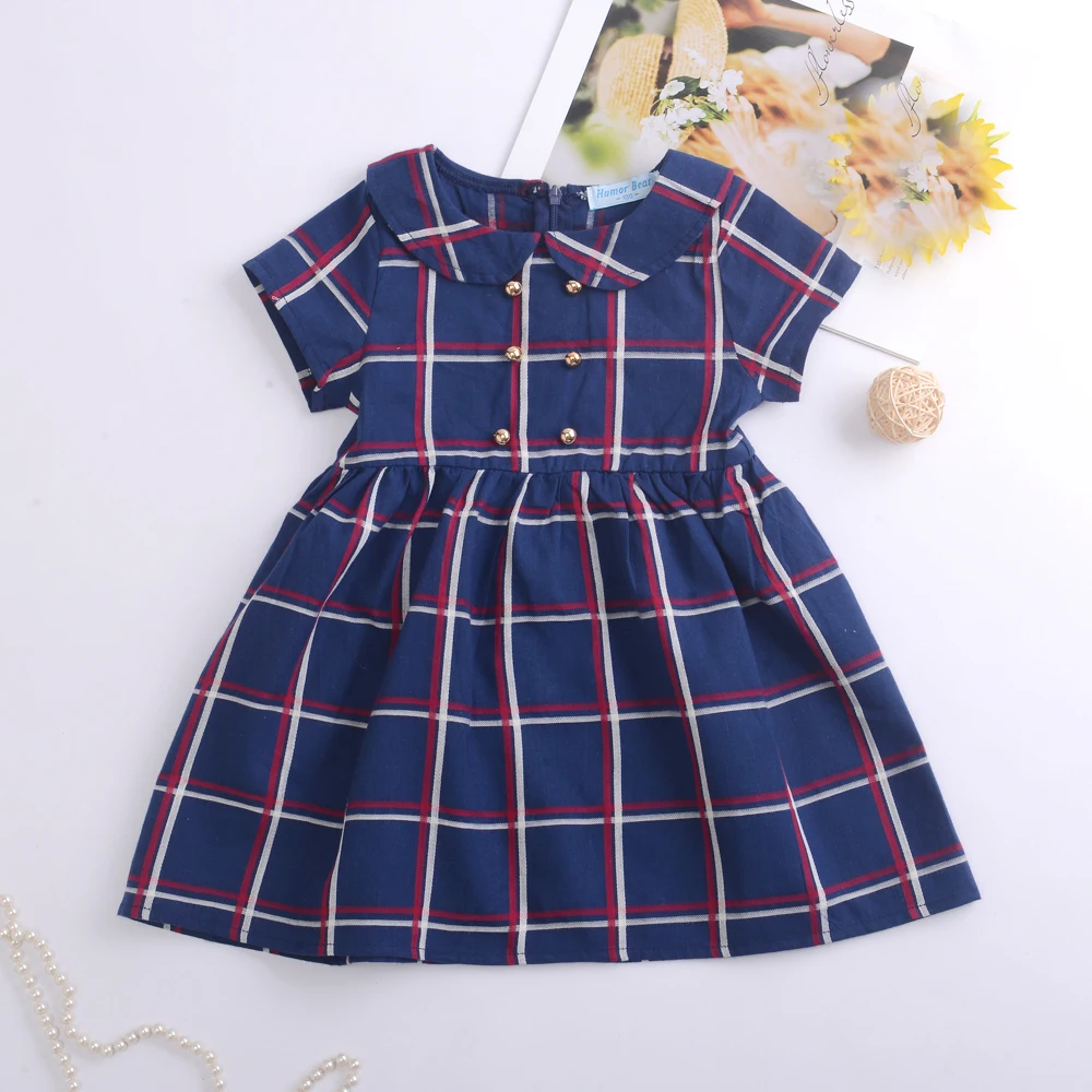 

Summer Dress For Girl Double Row Button Doll Collar Plaid Short-sleeve Casual Dress Toddler Baby Girls Clothes Children Dress