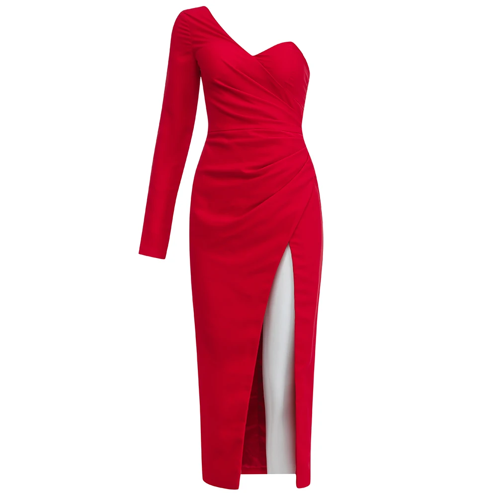 

Women Sexy V Neck Long Sleeve Elegant Designer Red Cotton Dress 2021 High Street Evening Celebrity Midi Party Dress Vestido