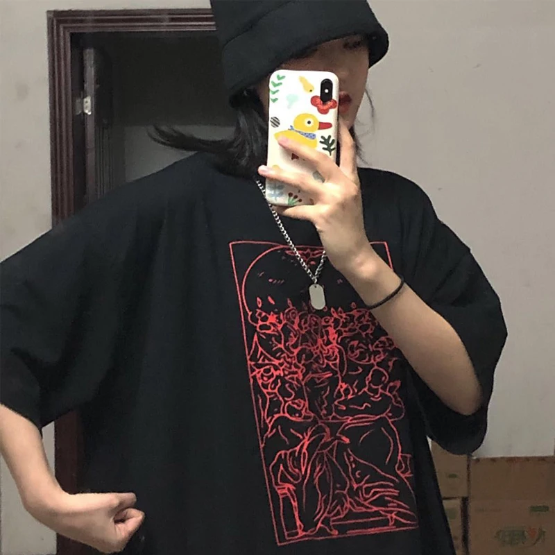 Черная Женская футболка в стиле панк Харадзюку уличная одежда свободные топы