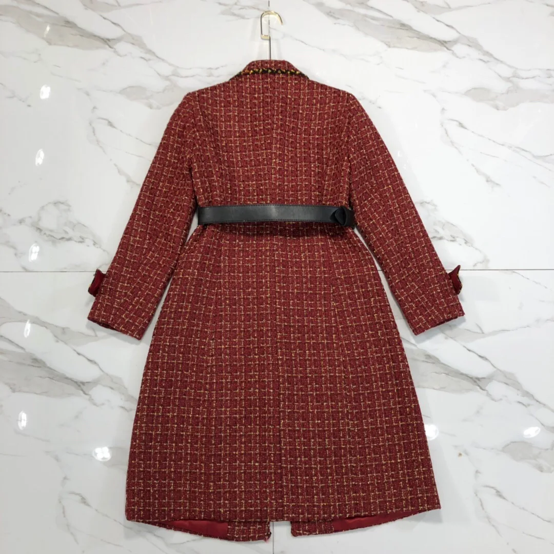 Женское офисное платье в клетку элегантное красное с длинным рукавом и поясом