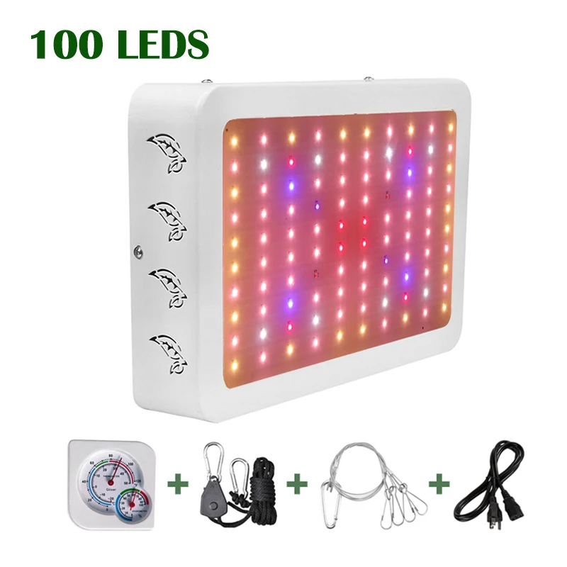 100 LEDS Светодиодный светильник для выращивания растений, 2000 Вт, 1000 Вт, полный спектр, фито-лампа для растений, комнатные лампы для цветов, фитолампа для трав с термометром - Испускаемый цвет: 100 LEDS