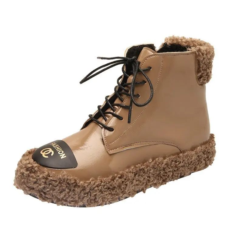 

2020 Trendy Korean Style Plush Woman Booties Printed Round Toe Winter Warm Shoes Girls Casual Ankle Fur Boots Women Botas Mujer