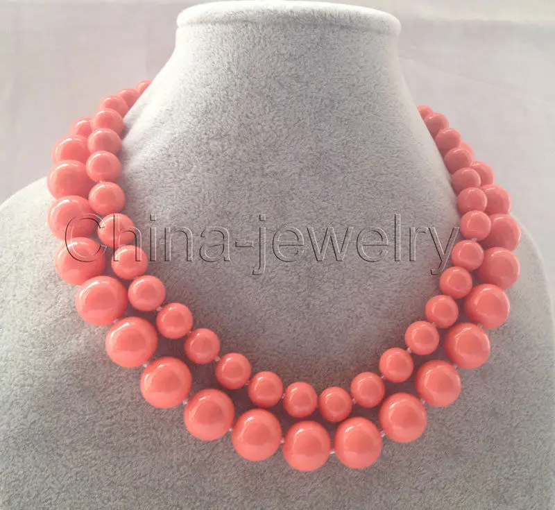 

17-18"2row 10-14mm perfect round pink coral color south sea shell pearl necklace (A0326)