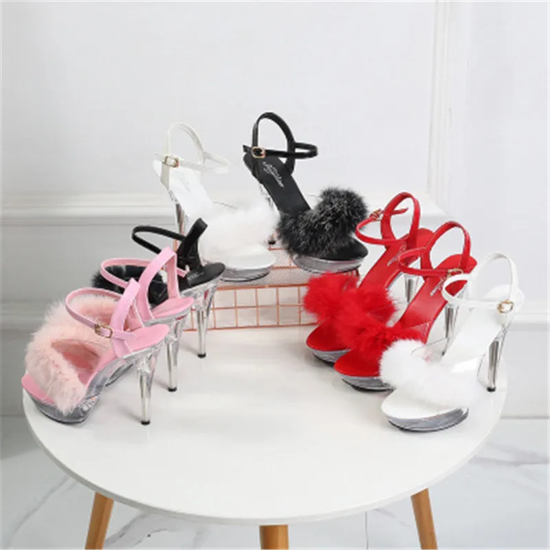 Sandals Woman Summer Ladies Fur Transparent High Heels 13/15CM Platform Open Toe Women Wedding Shoes Black White | Обувь