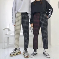 2021 fashion vintage plaid patchwork pants harajuku woman man trousers elastics high waist pants korean causal straight pants