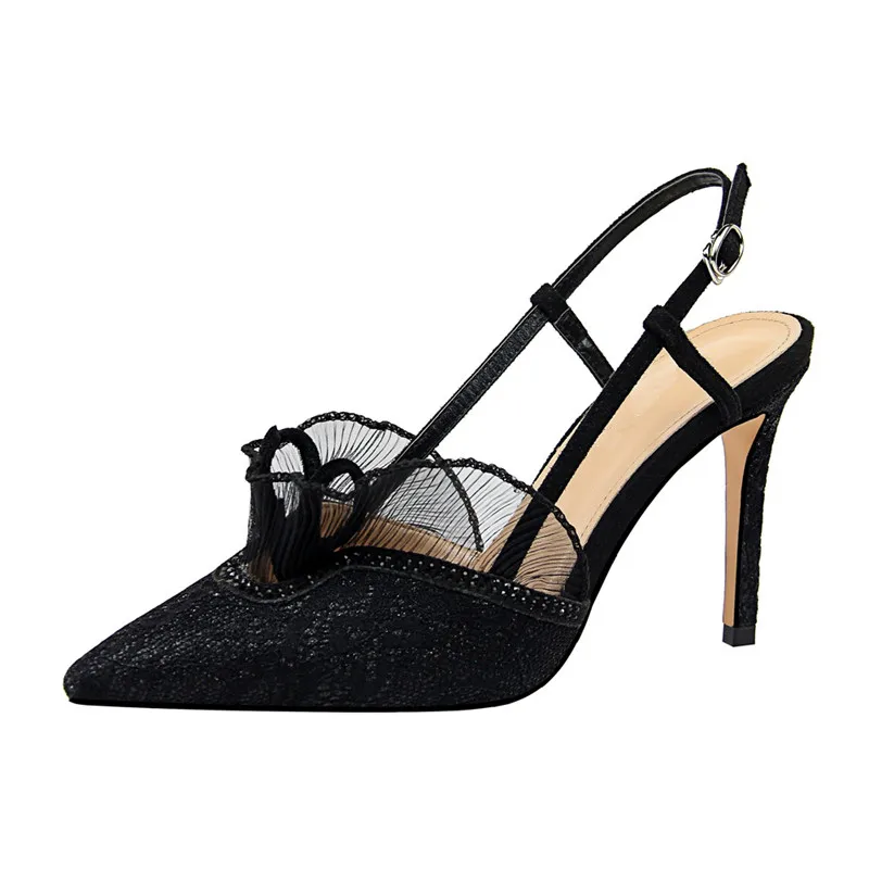 

New Women Sexy Party Sandals High Heel Wedding Pointed Toe Lace Thin Heels Black Green Pink Summer Lady Female Shoes DS-A0323