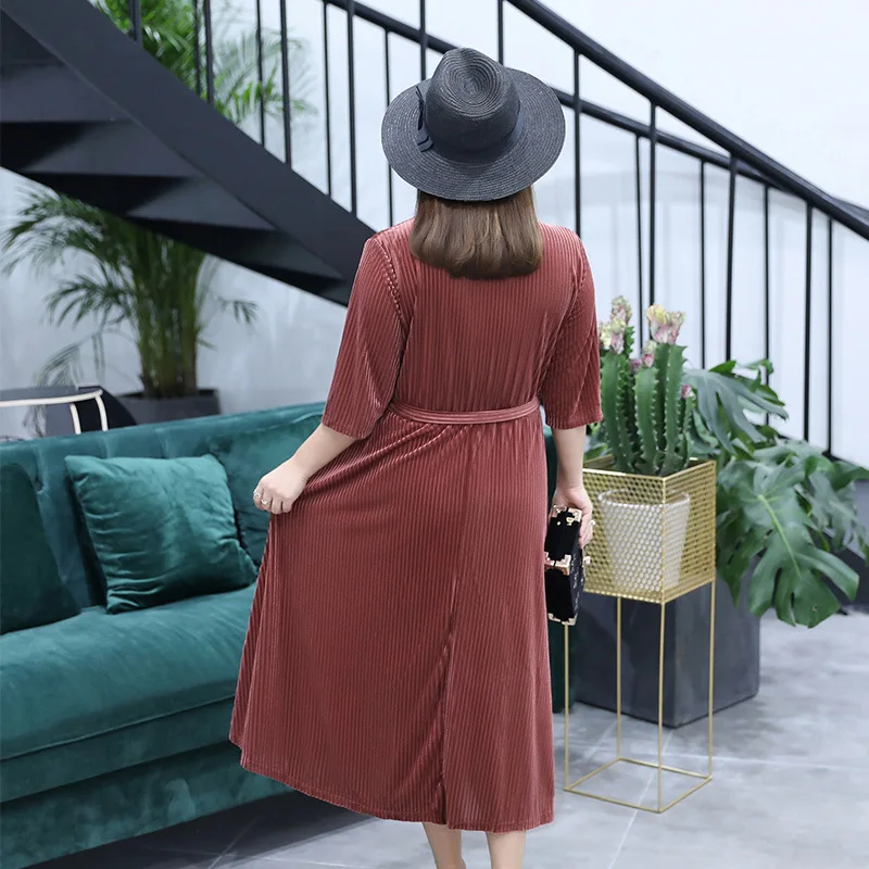 Женское бархатное платье в полоску повседневное плиссированное большого