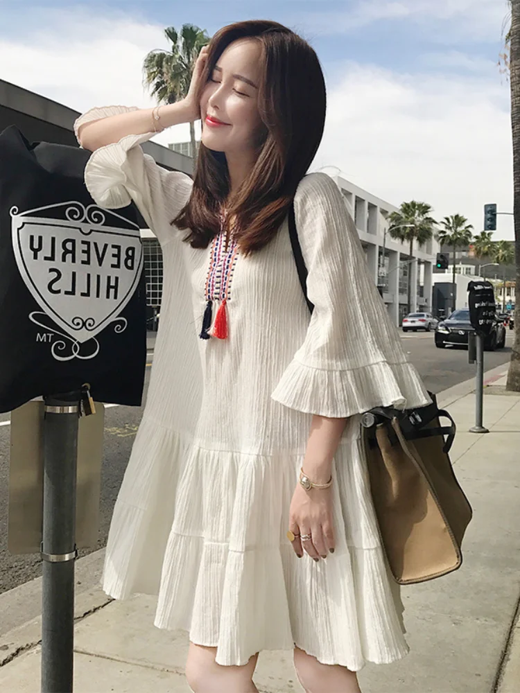 

Women's Dresses Loose Plus Size Solid Dresse Fashion Casual Summer Lady V-neck Chiffon A-LINE Knee-Length Houthion