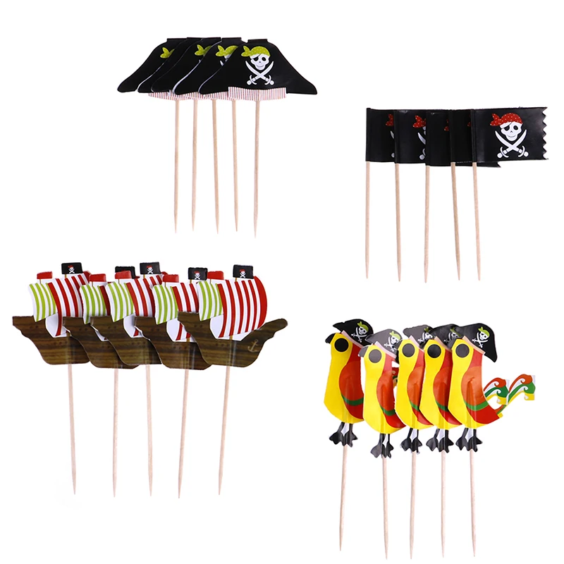 

20pcs Cake Toppers Pirate Theme Fruit Picks Insert Card Halloween Party Decor