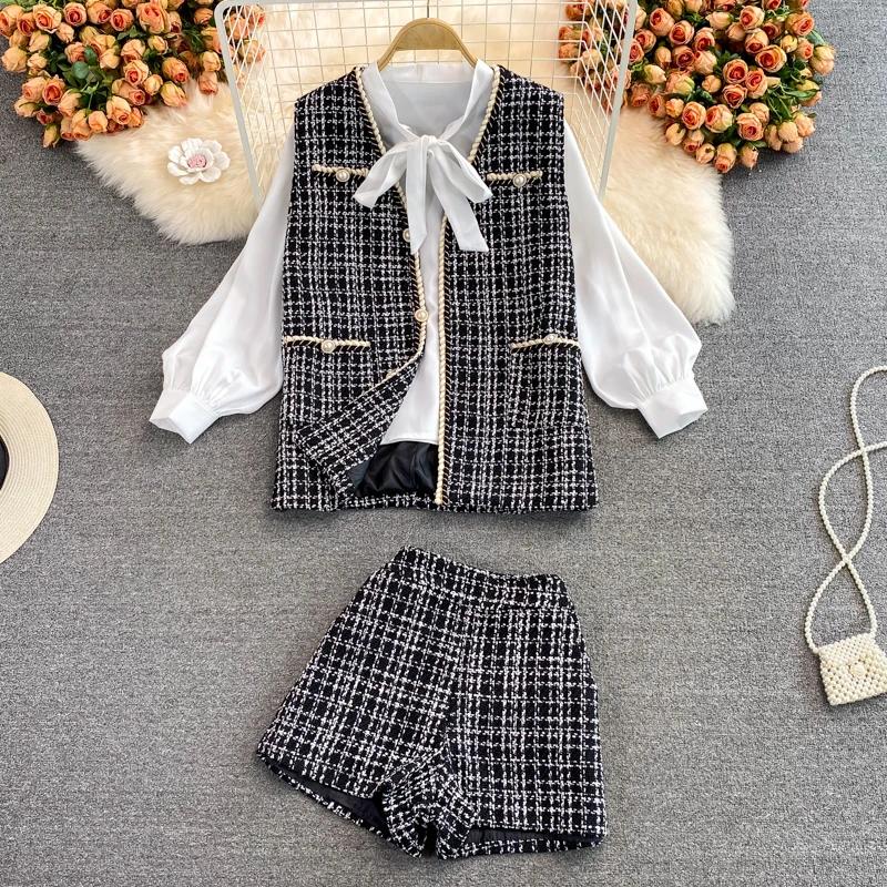 

Biker Shorts 2 Piece Set V Neck Tweed Vest Coat Korean Style Bow Lace Up Shirt High Waist Wide Leg Shorts 3 Piece Set Women