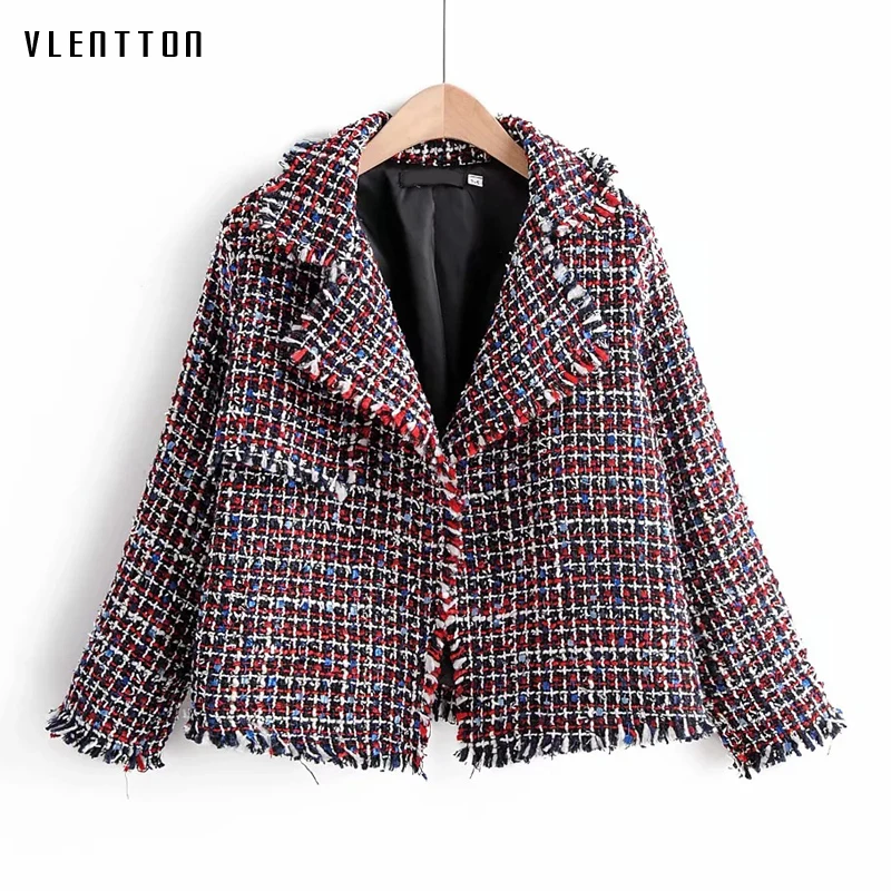 Женский твидовый блейзер с бахромой винтажный клетчатый пиджак в Корейском