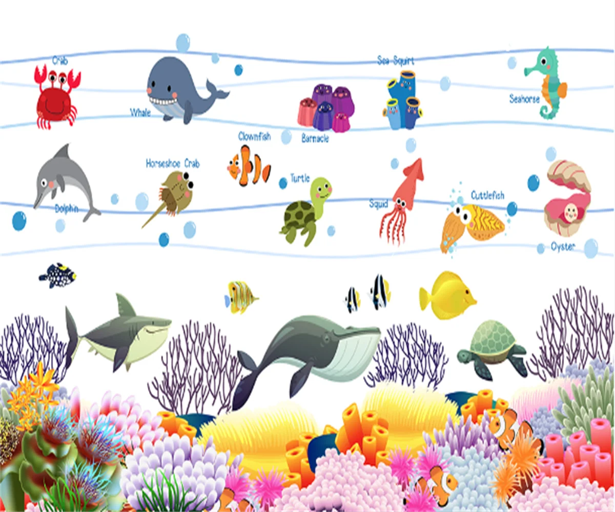 

Cartoon Marine Creatures Undersea Creative Wall Stickers Customize Any Size Children's Room Background Wall Stickers 3D Murals