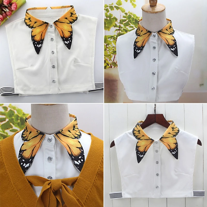 

Women Pure Color Butterfly Printing Lapel Choker Necklace Shirt Fake False Collar