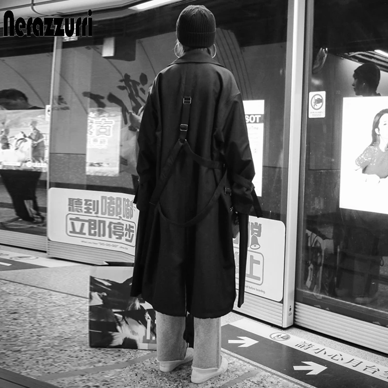 

Nerazzurri Oversized black long trench coat for women long sleeve drop shoulder 2020 new arrival autumn loose womens fashion