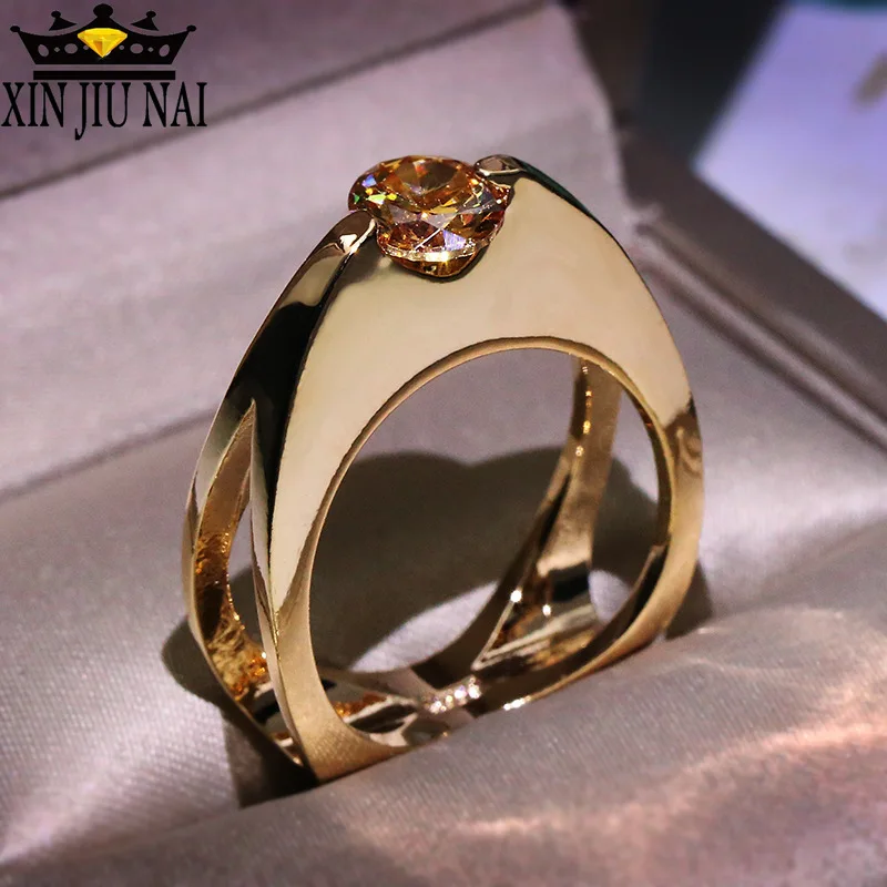 

2020 high quality artistic geometric white zircon 14K Champagne yellow gem wedding engagement party ring jewelry gift to women