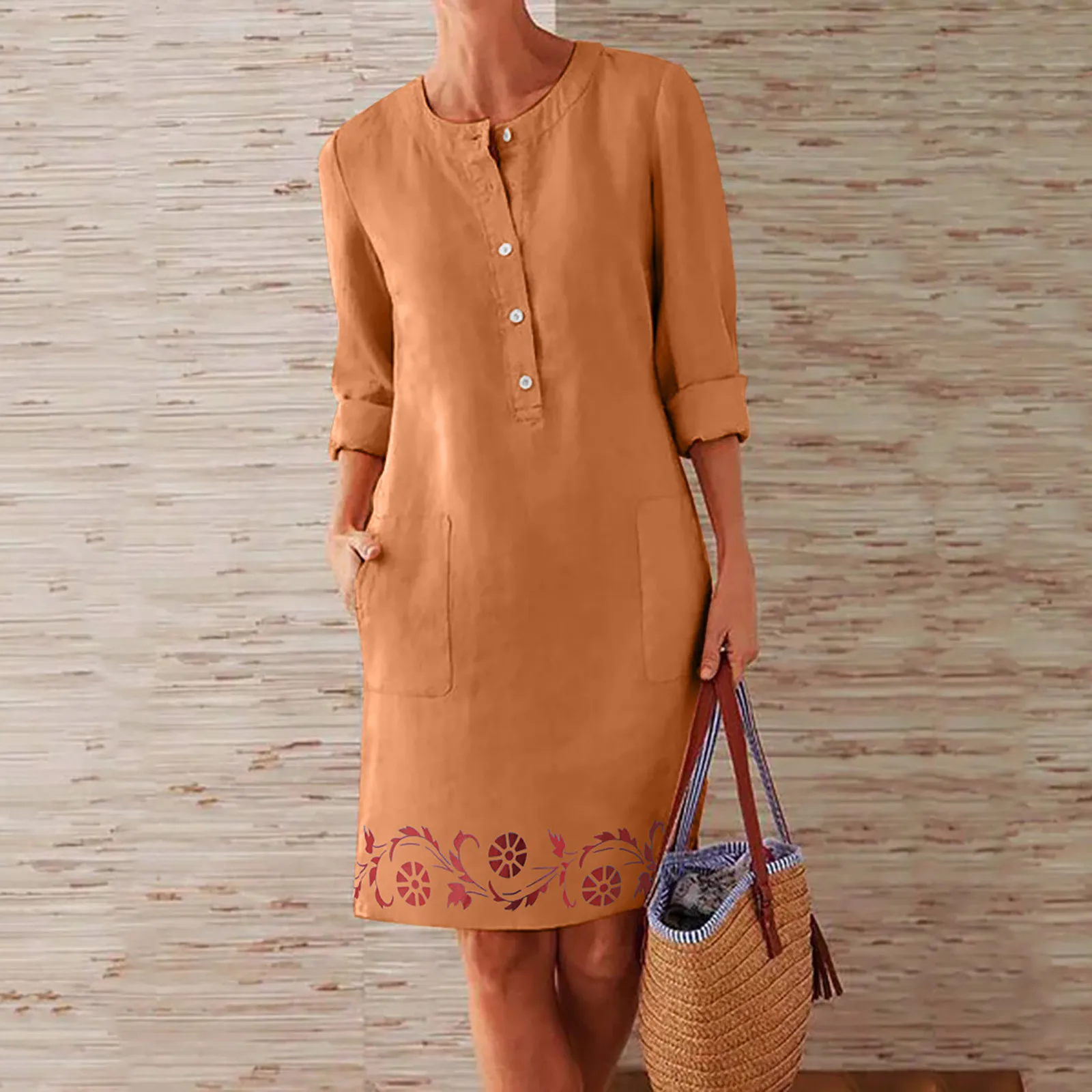 

Spring Cotton Linen Dress 2021 Fashion Button O-neck Knee Party Dress Women Long Sleeve Pocket Solid Dresses Vestidos