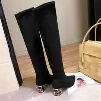 2021 new spring autumn sexy stretch women knee high boots flock pointed toe diamond heels elegant black party long booties