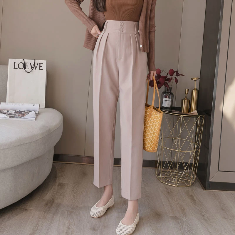 

JMPRS High Waist Women Ankle-Length Pants Korean Fashion Button Office Ladies Autumn Casual Black Trousers New 2021