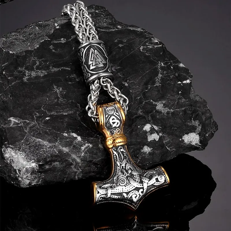 

MKENDN Stainless Steel Norse Vikings Thor's Hammer Mjolnir Scandinavian Rune Amulet Pendant Necklace with Chain As Men Punk Gift