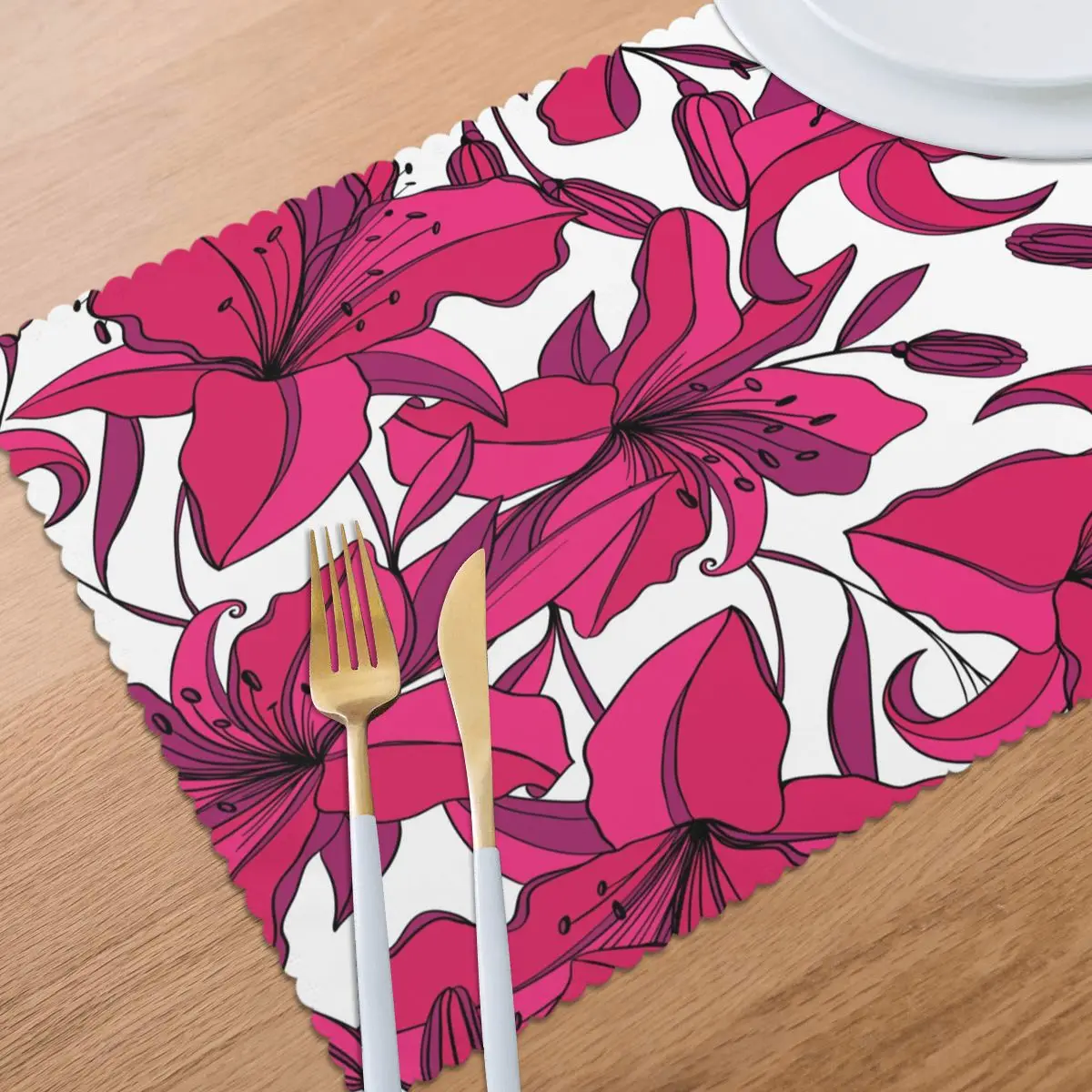 

Placemat for dining table Blossoming Lilies In Retro-Style Heat-resistant Kitchen Dining 6 PCS Accessories