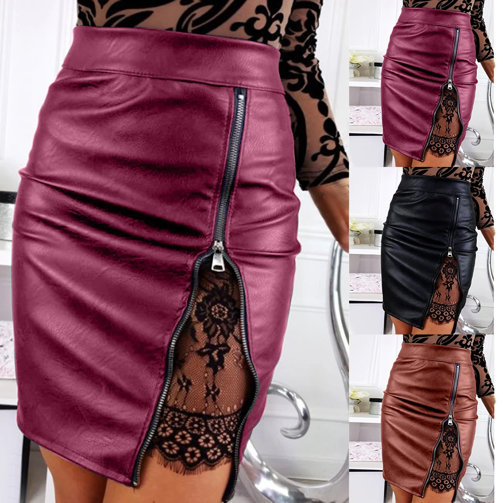 Женские юбки из искусственной кожи с высокой талией повседневные кружевной