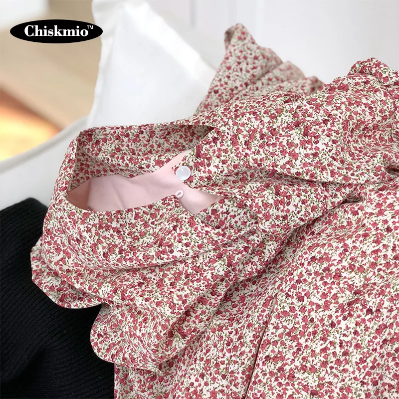 

Warm Lining Flower Print A-line Dress Party Kpop Sashes Lace-up High Waist Dresses Women Puff Long Sleeve Dress Vestidos Robes