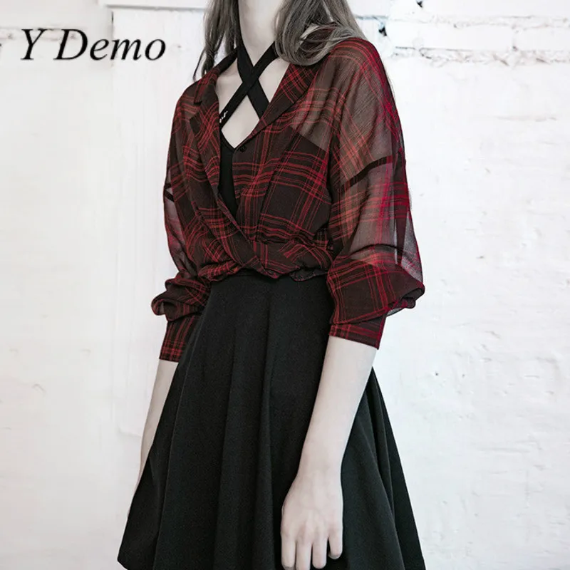 

Y Demo Punk Casual Striped Blouse Women V-neck Long Sleeve Rock Female Lace Up T-shirt Fashion Clothing 2020