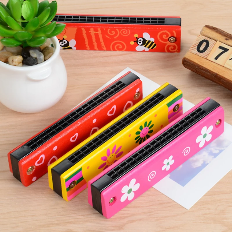 

Wooden cartoon 16 hole double row harmonica children wooden puzzle toy music