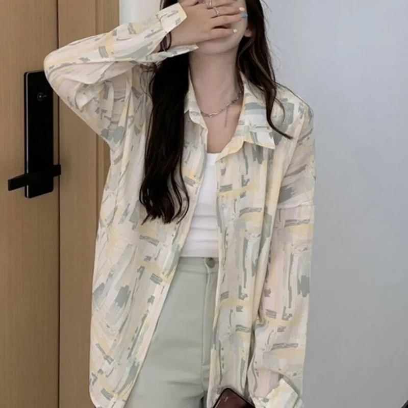 

2021 Summer Women Shirts Tie-dye Floral Loose Sweet Chiffon Sun protection Blouses Long sleeve Thin Female Tops Korean Blusas