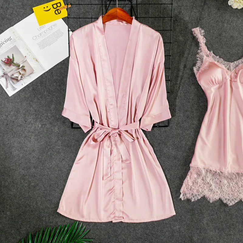 Fiklyc underwear women's sexy padded chest robe& gown sets lace& satin patchwork V-neck mini nightdress+ robes pijamas NEW