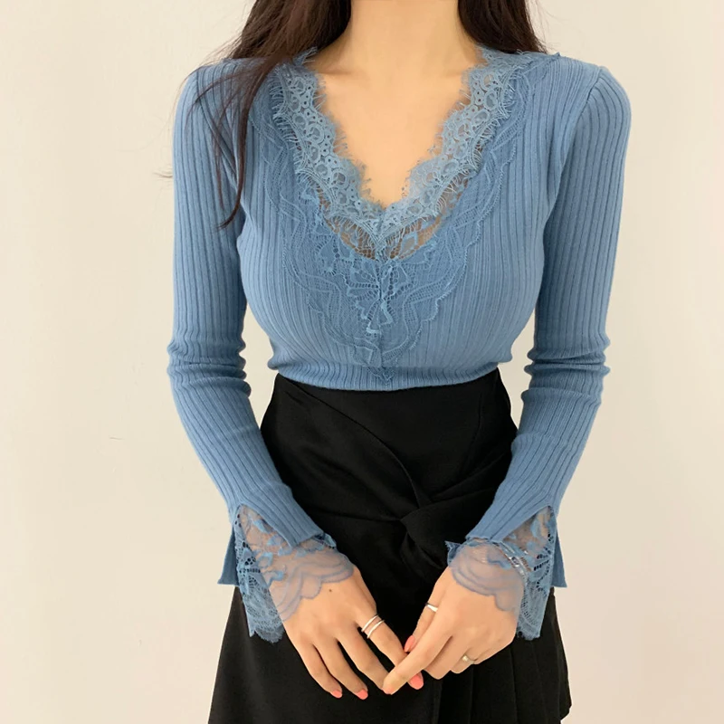 

Sexy Two Piece Set Women Lace Stitching V-neck Long Sleeve Knitted Tops and High Waist Mini Skirt 2 Piece Outfits Elegant