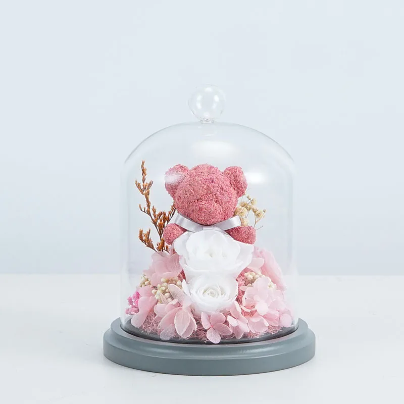 

Christmas Gift Cross-border Eternal Moss Bear Dry Flower Rose Glass Cover Gift Box to send girlfriend birthday gift decoration