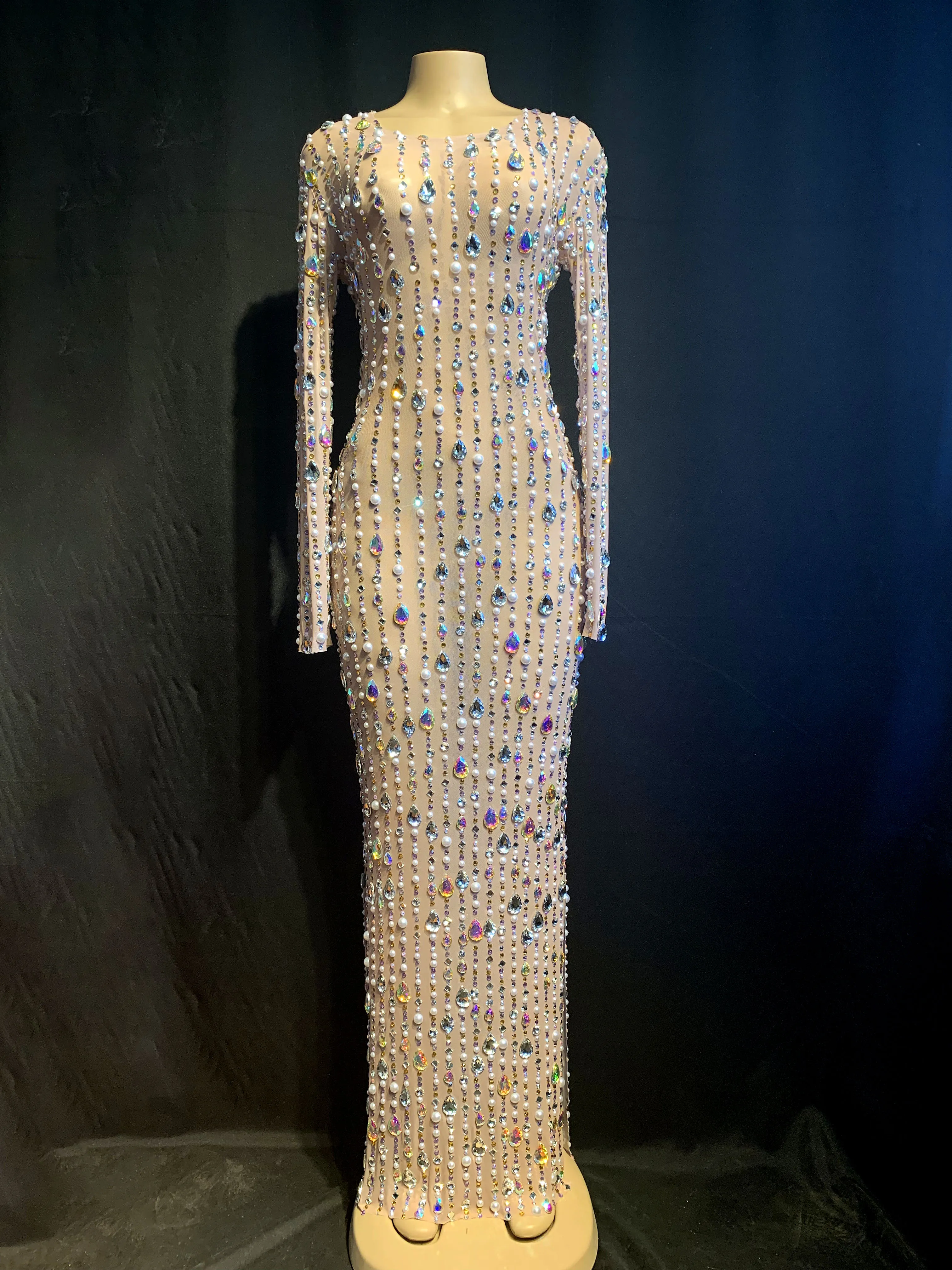 

High Quality Black Nude Long Sleeve Shining Beading Bodycon Long Dress DJ Club Party Dancer Costume