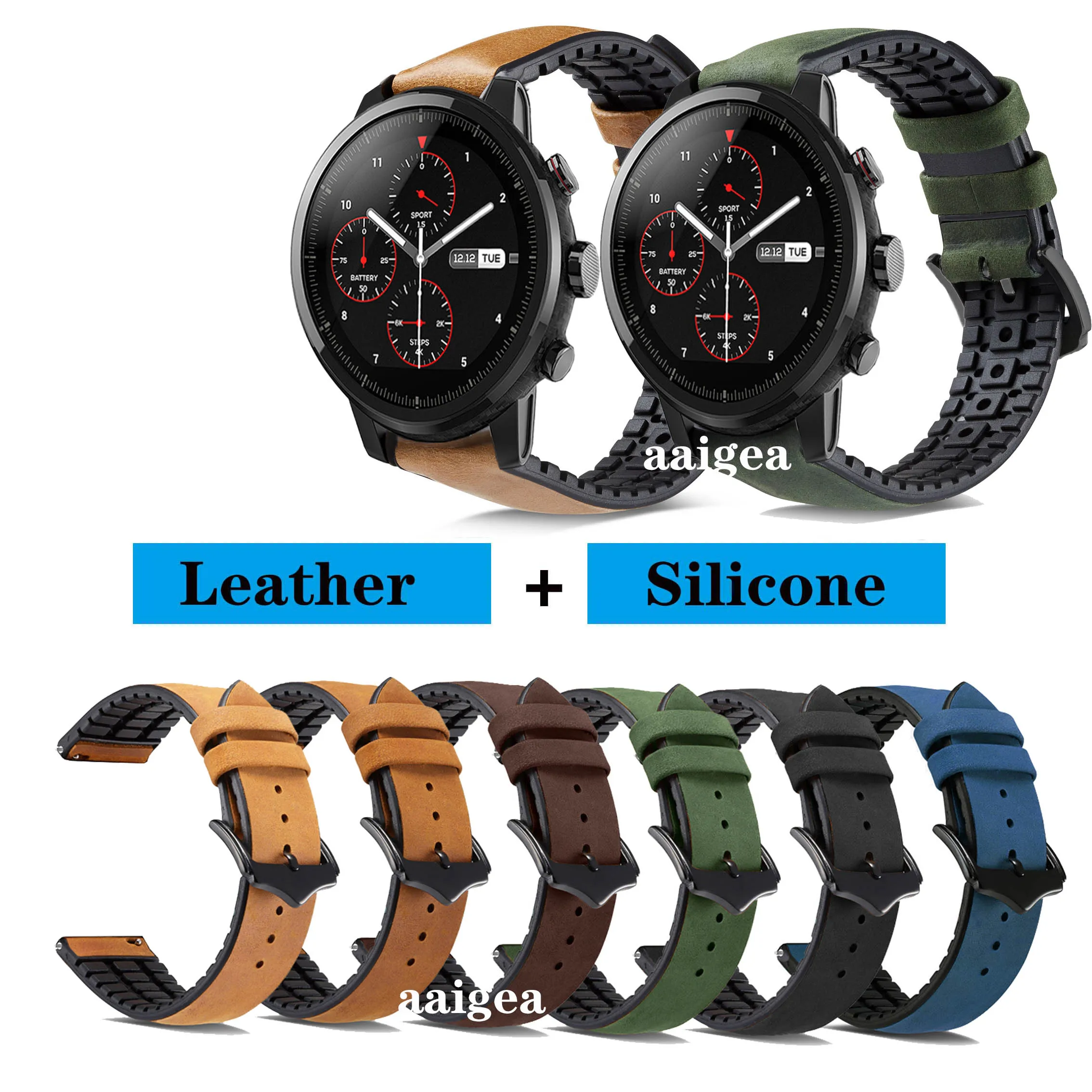

Ремешок для часов из натуральной кожи, силиконовый браслет для Huami Amazfit Stratos 2 2S 3, Huami PACE/GTR 2 /GTR 47 мм, 20 мм 22 мм