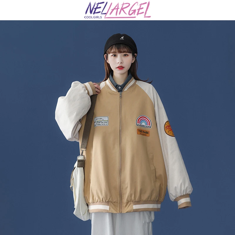 

NELLARGEL Women Rainbow Patchwork Vintage Baseball Jacket 2022 Female Harajuku Racer Y2k Jacket Girl Streetwear Varsity Jacket