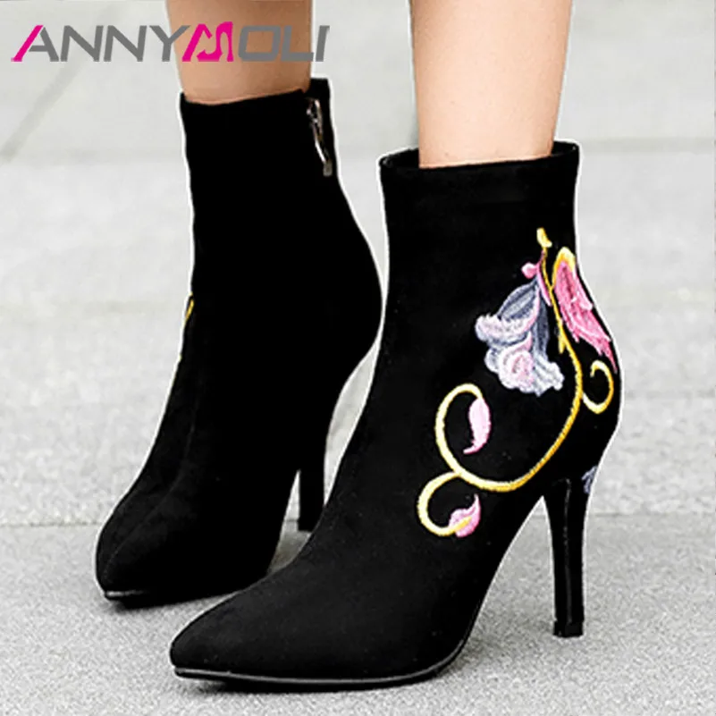 ANNYMOLI/осенние ботильоны женская обувь короткие сапоги на молнии с вышивкой тонком