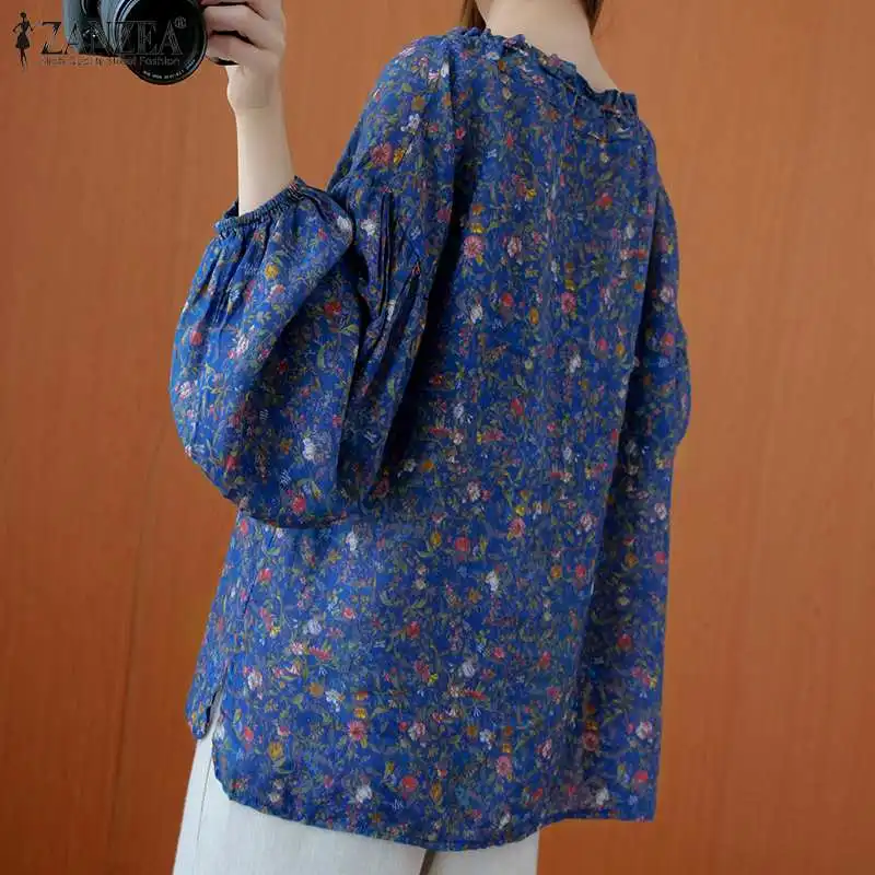 

ZANZEA Elegant Floral Print Shirts Women 2021 OL Autumn Puff Sleeve Blouse Casual Drawstring O-neck Top Loose Blusa Oversize 5XL
