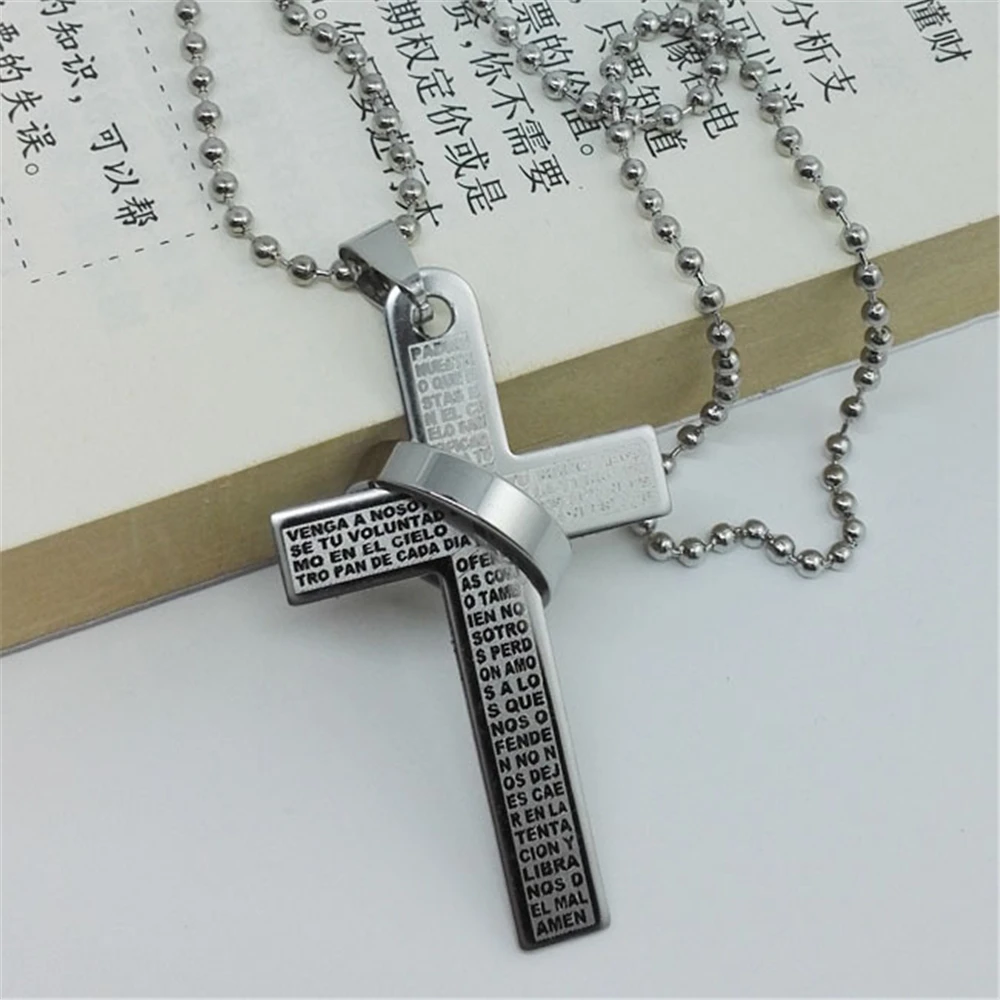 

1pc Mens Stainless Steel Simple Black Cross Pendant English Bible Lords Prayer Crucifixion Christian Necklace dropshipping