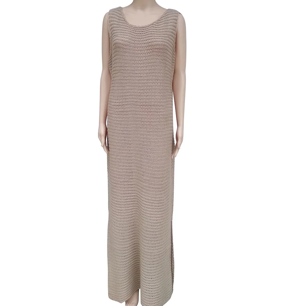 Летнее платье макси женское модное пляжное без рукавов с круглым вырезом вязаное