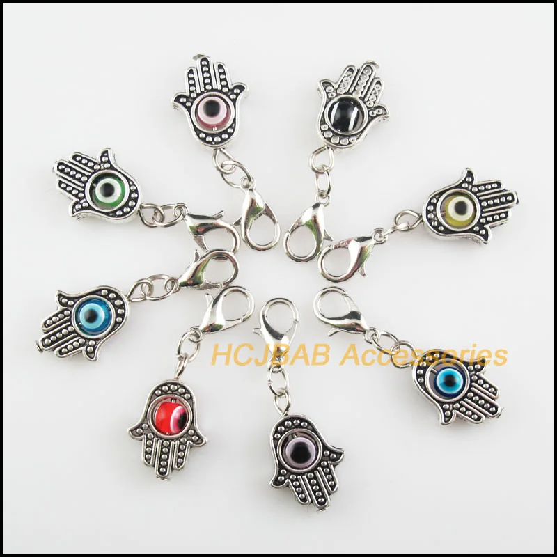 

16Pcs Tibetan Silver Tone Palm Retro Mixed Eye Resin 13x19mm With Lobster Claw Clasps Charms