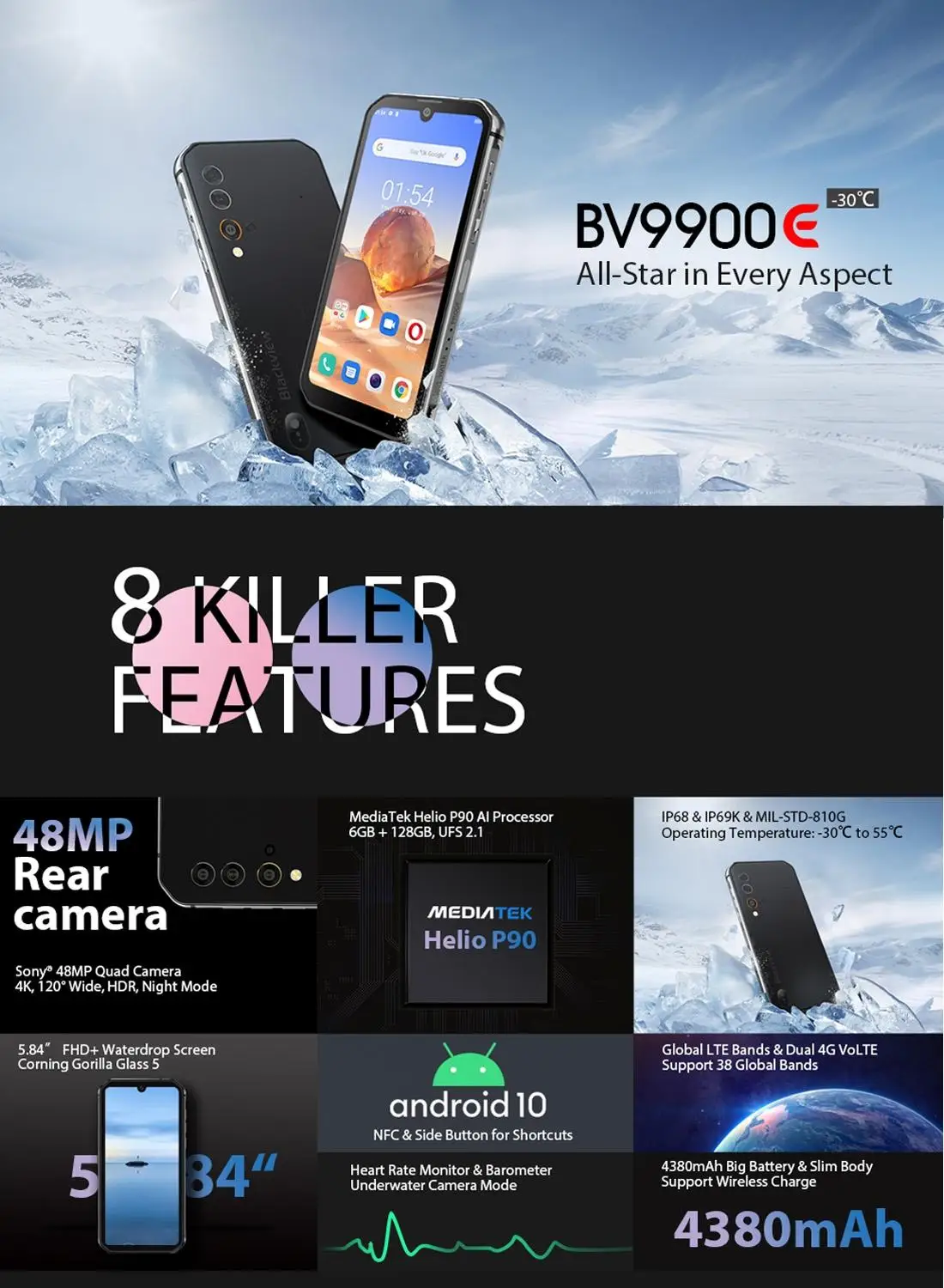 Blackview BV9900E Helio P90 Octa Core 6 ГБ 128 5 84 &quotFHD + безрамочный экран с IP68 Водонепроницаемый